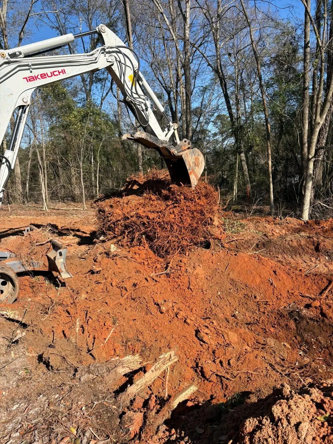 TCB Farms & Clearing debris removal project — excavator bucket lifting roots and soil out of a hole