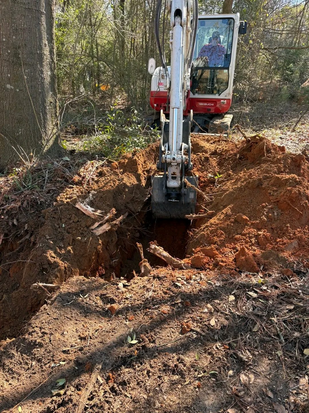 TCB Farms & Clearing excavation project — straight narrow trench dug through wooded terrain
