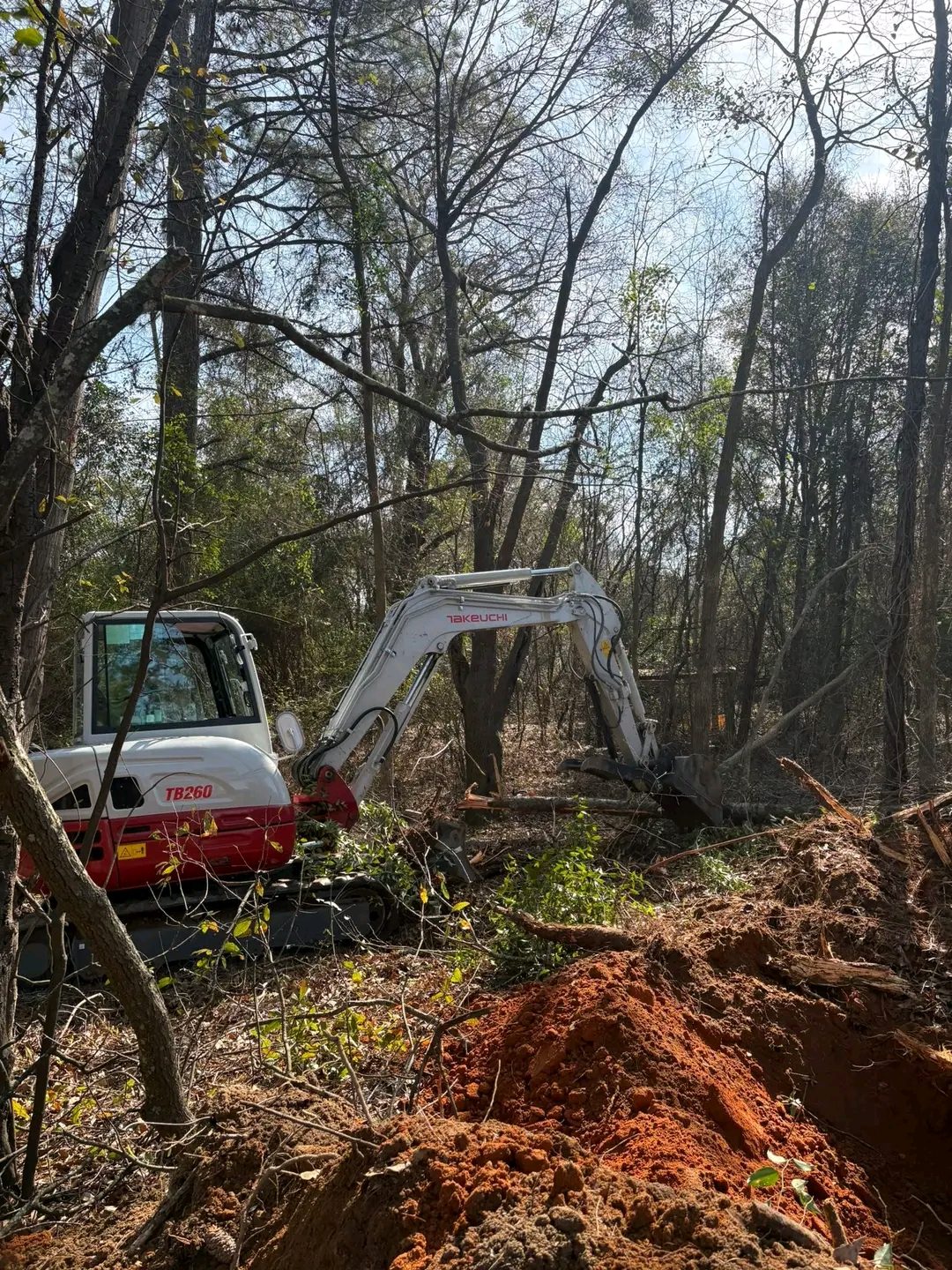 TCB Farms & Clearing land clearing project — mini excavator beside a pile of excavated dirt on a wooded lot